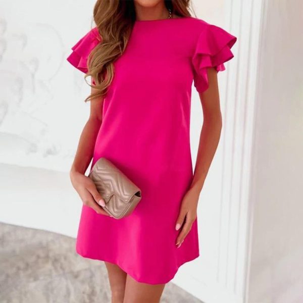 Rose Red Flutter Sleeve Plain Mini Dress