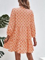 Unique 3/4 Sleeve Print Orange Mini Dress