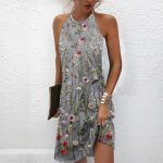 Floral Print Gray Sleeveless High Halter Sheath Mini Dress