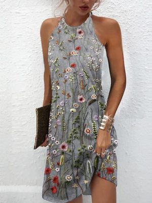 Floral Print Gray Sleeveless High Halter Sheath Mini Dress