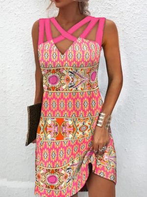 Hot Pink Caged Top Mixed Print Mini Dress