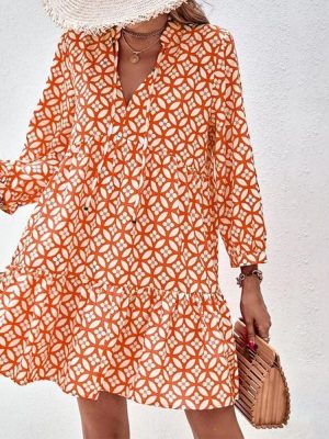 Unique 3/4 Sleeve Print Orange Mini Dress