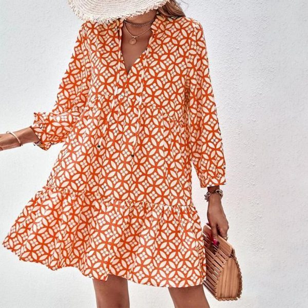 Unique 3/4 Sleeve Print Orange Mini Dress