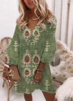 Green 3/4 Sleeve Print Mini Dress