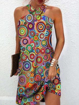 Psychedelic Colorful Spiral Print Halter Mini Dress
