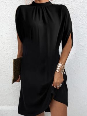 Modern Black Mock Neck Split Sleeve Midi Dress