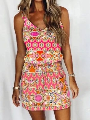 Mixed Red and Pink Aztec Print Spaghetti Strap Mini Dress