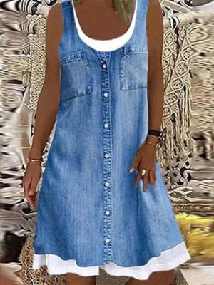 Denim Chambray Button Front Twofer Mini Dress