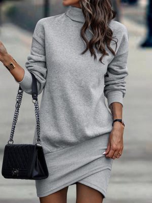 Gray High Neck Asymmetrical Long Sleeve Mini Dress