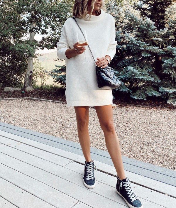 Simple Plain Mock Neck Mini Sweater Dress