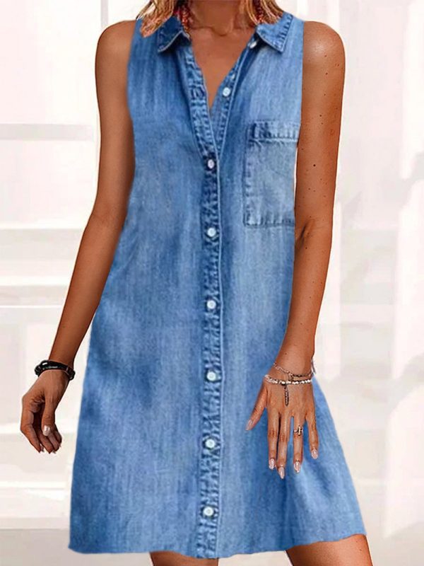 Washed Denim Button Front Sleeveless Mini Dress