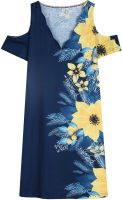 Yellow and Blue Hawaiian Flower Print Cold Shoulder Mini Dress