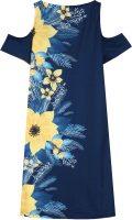 Yellow and Blue Hawaiian Flower Print Cold Shoulder Mini Dress