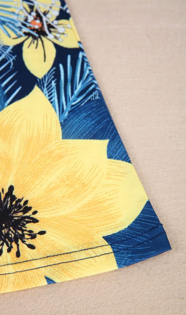 Yellow and Blue Hawaiian Flower Print Cold Shoulder Mini Dress