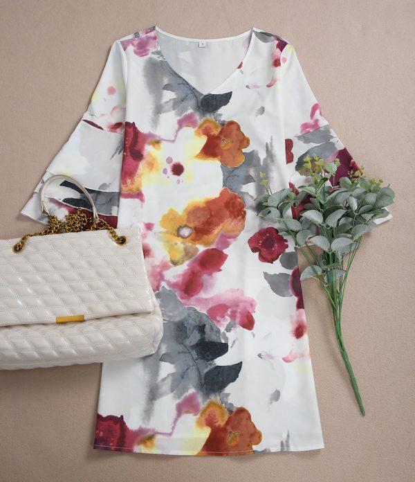 Watercolor Floral Print Ruffled Sleeve V-Neck Mini Dress