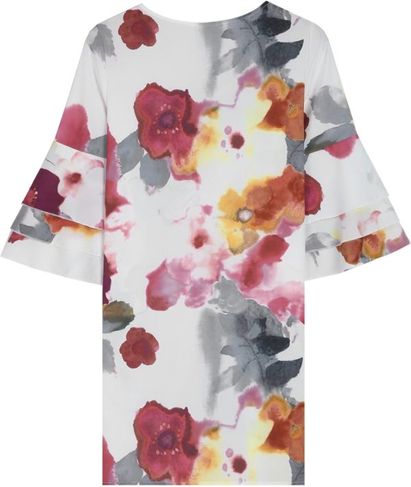 Watercolor Floral Print Ruffled Sleeve V-Neck Mini Dress