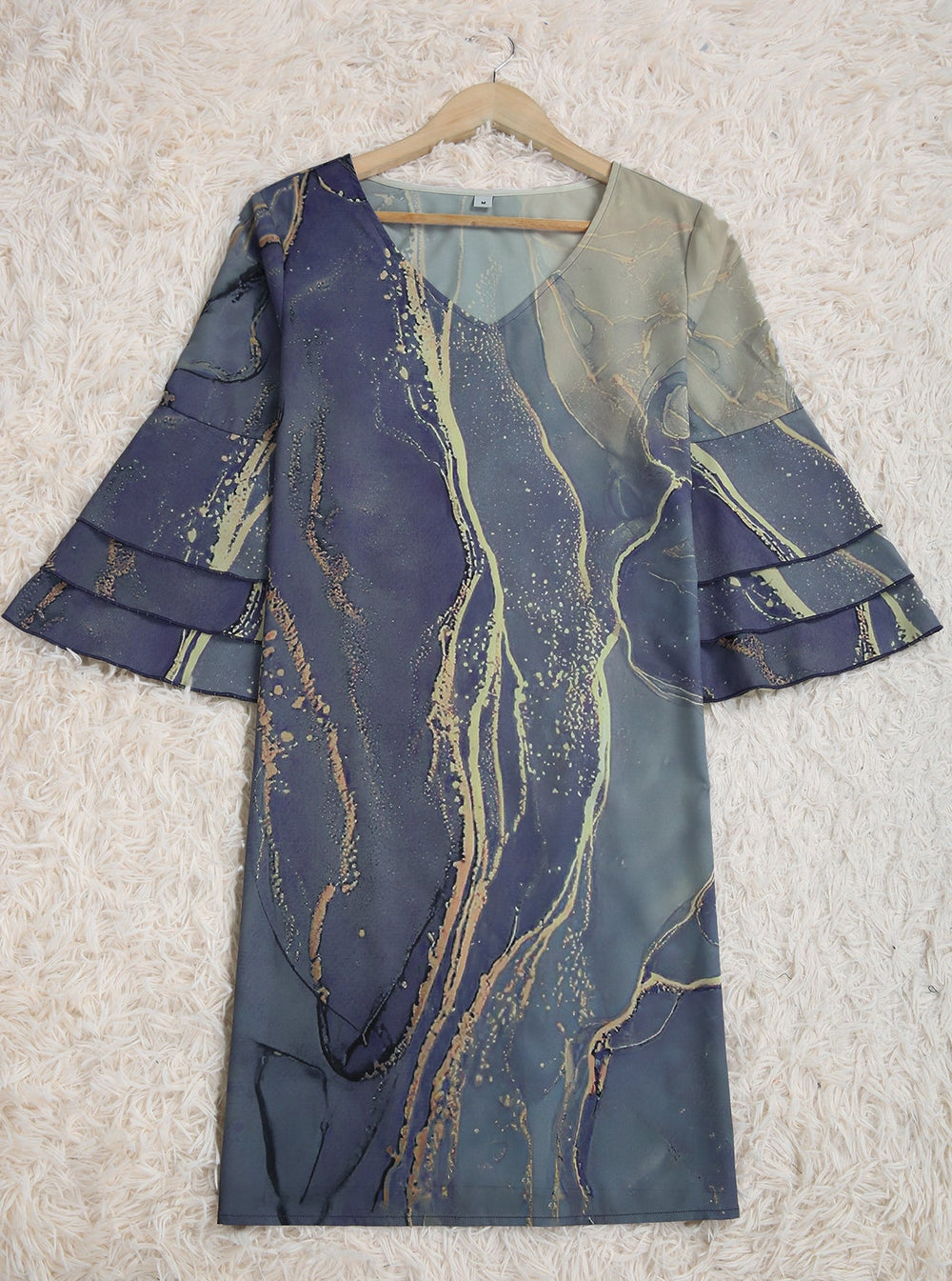 Gold Beach Ocean Waves Marble Print Mini Dress