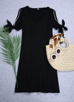 Plunging V-Neck Split Sleeve Black Mini Dress