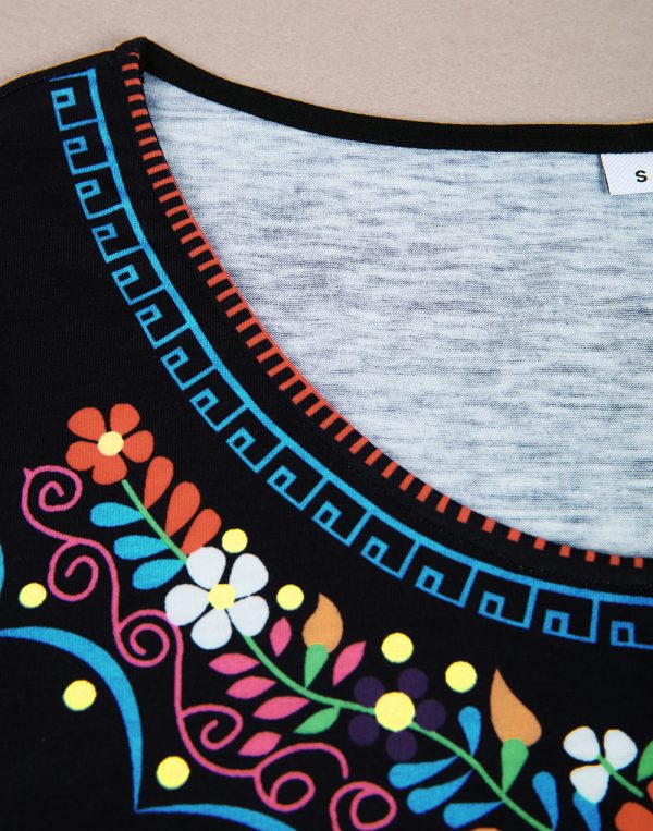 Colorful Floral Trim Black Mini Dress