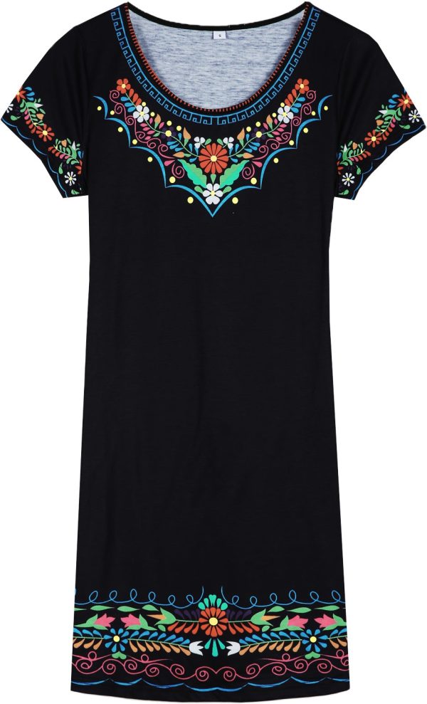 Colorful Floral Trim Black Mini Dress