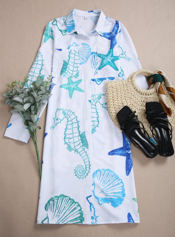 Starfish Seashell Blue White Blouse Dress