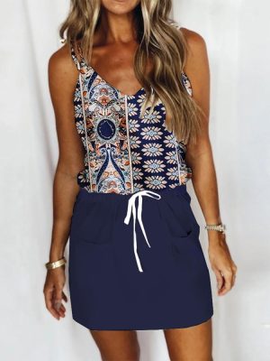 Navy Print Sleeveless Mini Dress