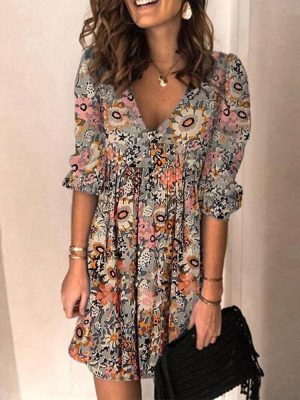 Retro Flower Garden V-Neck Mini Dress