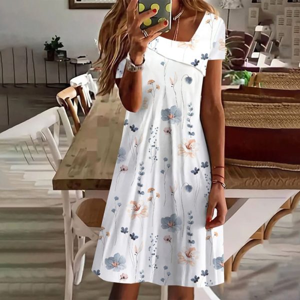 Fresh White Colorful Flower Print V-Neck Mini Dress