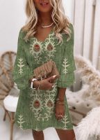 Green 3/4 Sleeve Print Mini Dress