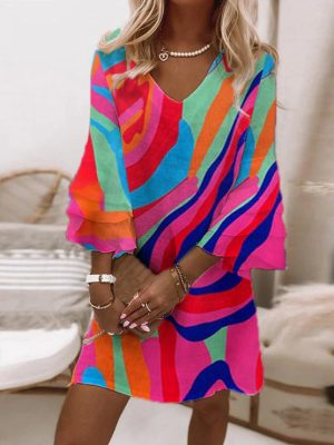 Curved Stripes Multi-Color Bell Sleeve Mini Dress