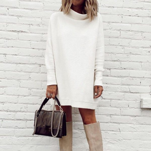 Simple Plain Mock Neck Mini Sweater Dress