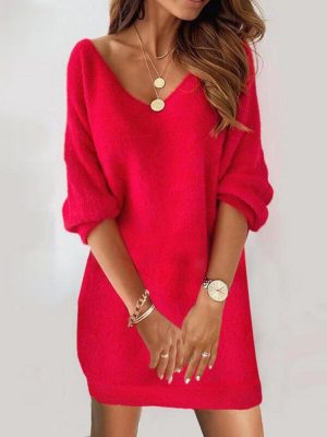 Showy Red Plain Mini Sweater Dress