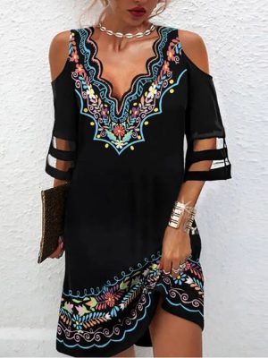 Colorful Ethnic Print Cold Shoulder Black Cut Out Mini Dress