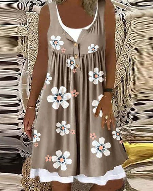 Retro Flower Coffee Brown Button Front Twofer Dress