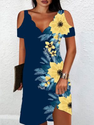 Yellow and Blue Hawaiian Flower Print Cold Shoulder Mini Dress