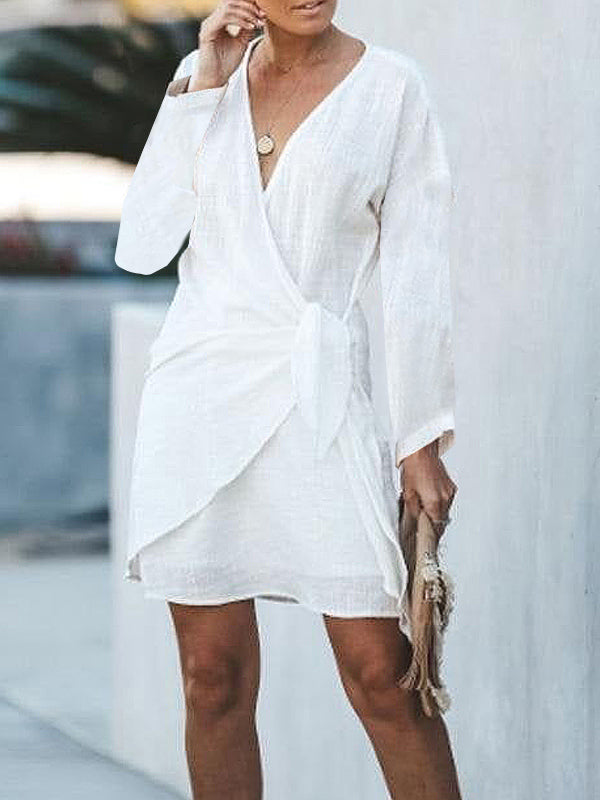 White Long Sleeved Tie Side Wrap Summer Mini Dress