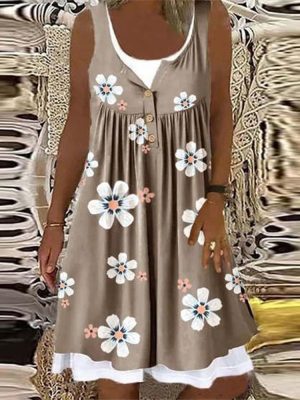 Retro Flower Coffee Brown Button Front Twofer Dress
