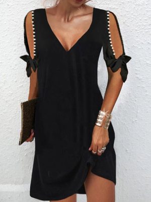 Plunging V-Neck Split Sleeve Black Mini Dress