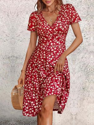 Red Short Sleeve Print Mini Dress