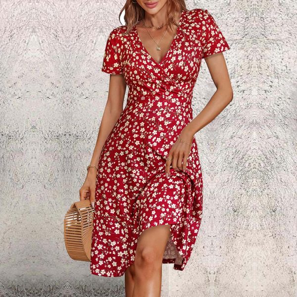 Red Short Sleeve Print Mini Dress