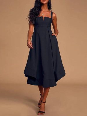 Chic Empire Waist Strap Deep Navy Midi Dress