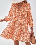 Unique 3/4 Sleeve Print Orange Mini Dress