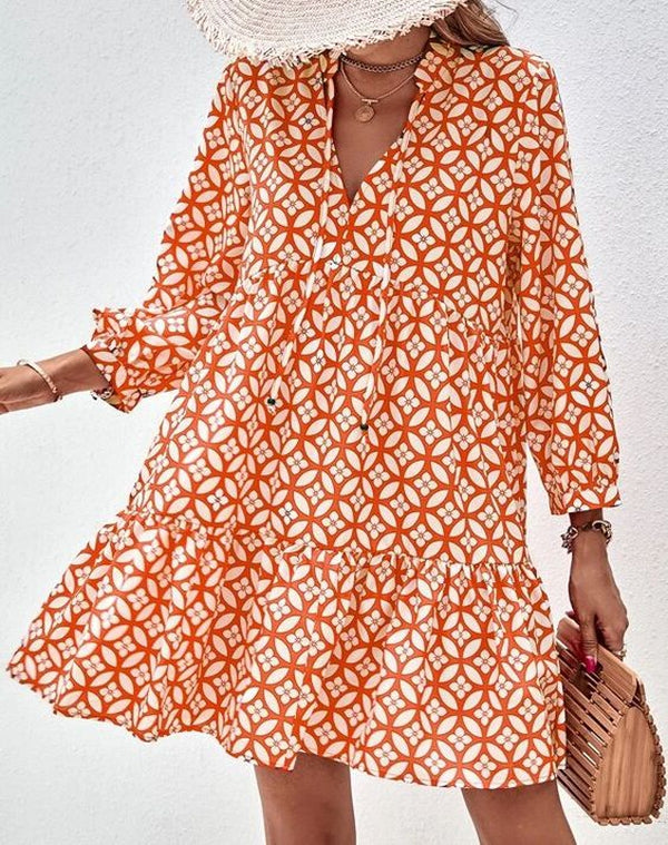 Unique 3/4 Sleeve Print Orange Mini Dress