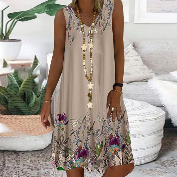 Trendy Coffee Sleeveless Print Mini Dress