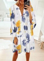 Yellow Blue Summer Print White Tiered Midi Dress