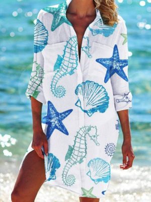 Starfish Seashell Blue White Blouse Dress