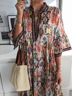 Attractive 3/4 Sleeve Print Midi Dress