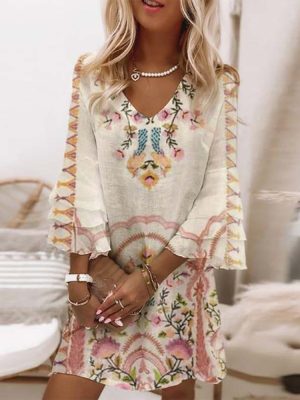 Boho Prairie Pink and Tan Long Sleeve Mini Dress