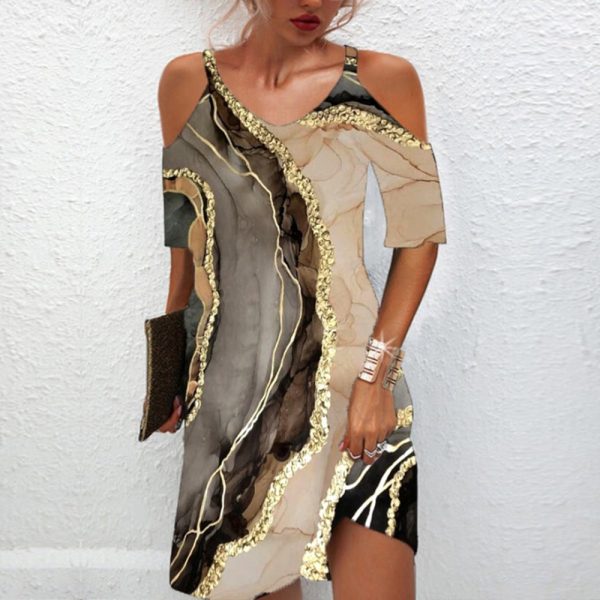 Golden Gray Marble Splash Cold Shoulder Mini Dress