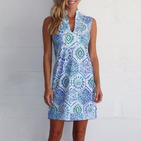 Blue Geometric Print Sleeveless Fold-Over Collar Mini Dress